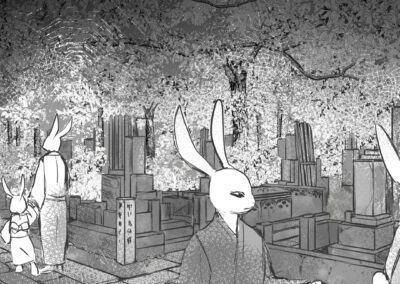 cubepome illustrazione e storytelling di conigli ad un cimitero durante l'obon matsuri