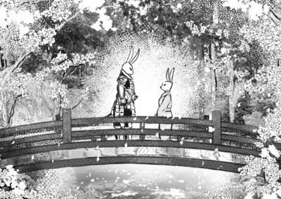 cubepome illustrazione e storytelling di due conigli durante l'hanami che si incontrano su un ponte giapponese