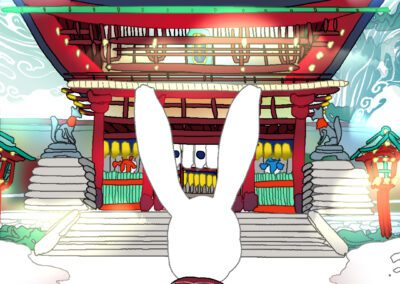 cubepome illustrazione e storytelling di hatsumode, coniglietto davanti a tempio